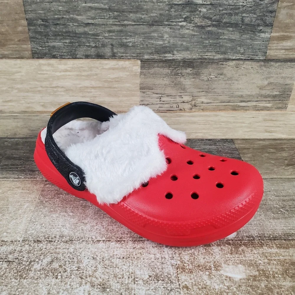 Crocs Classic Lined Santa Kids Clog Sz 2 J2 Red Round Toe Slip-On Sandals